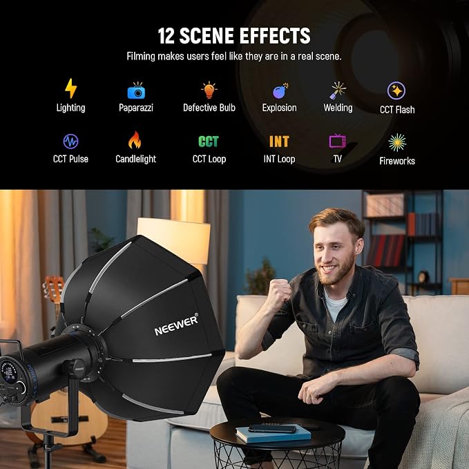 NEEWER CB200B 210W LED Video Light with 2.4G/APP Remote Control, All Metal Bi Color COB Continuous Output Lighting with Bowens Mount 90000Lux/1m 2700K-6500K CRI/TLCI97+ 12 Effects for Video Recording - Image 7