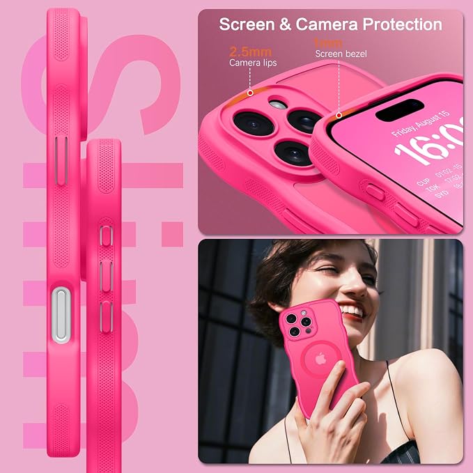 BENTOBEN Magnetic for iPhone 16 Pro Max Case, Cute Wavy [Full Camera Protection][Compatible with MagSafe] Matte Anti-Slip Bumper Women Girls Girly Protective Cover for 16 Pro Max 6.9" 2024, Hot Pink - Image 6