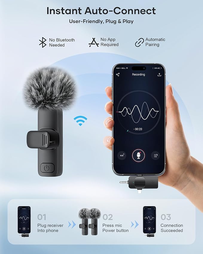 3-in-1 Wireless Lavalier Microphone for iPhone, iPad, Android, Camera - Noise-Canceling Mini Mic with 2.4G Ultra-Low Latency for Vlog, TikTok & YouTube Streaming (2 Mics) - Image 2