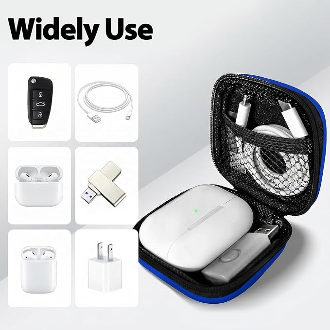 Square Earbud Case with Carabiner, Portable Small Carrying Pouch for Wired/Wireless Earphones, EVA Travel Organizer Box for Charging Cables, USB Flash Drives, SD Cards, Blue - Image 4
