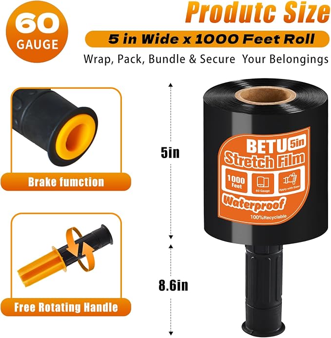 Black Stretch Film Shrink Wrap for Moving Supplies (5inch, 1 Pack) x 1000ft, Industrial Strength Plastic Wrap Stretch Roll for Pallet Wrapping Shipping Moving Boxes Storage Furniture with Handles - Image 2