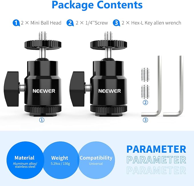Neewer Mini Ball Head with Cold Shoe & 1/4” Screw, 2 Pack, 360° Swivel 90° Tilt Ballhead Camera Mount Hot Shoe Adapter for Camera, Camcorder, Smartphone, LED Video Light, Microphone, Ring Light, ST17 - Image 5