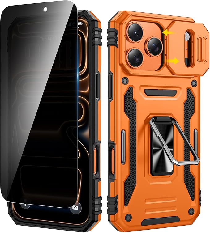 VEGO for iPhone 17 Pro Case with Slide Camera Cover and Kickstand Orange | Privacy Screen Protector & Ring Kickstand Military Grade Heavy Duty Protection Cover for iPhone 17 Pro - Orange by VEGO