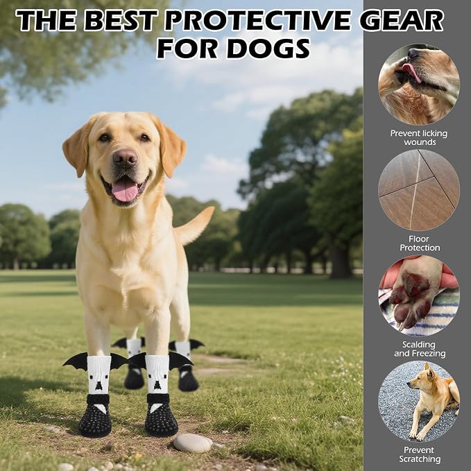 EXPAWLORER Halloween Anti Slip Dog Socks to Prevent Licking Paws, Boots & Paw Protectors with Grippers,Doggie Booties for Hardwood Floors for Small Medium Large Senior Dogs Costume White Ghost Wings S - Image 8