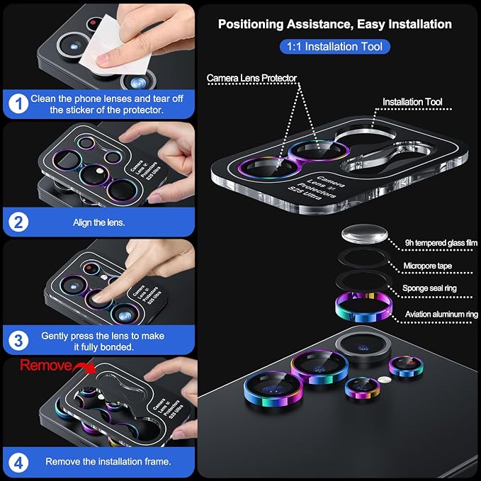 WSKEN for Samsung Galaxy S25 Ultra Camera Lens Protector - Ultra Thin | Case Friendly, 9H Shatterproof Tempered Glass, Anti Scratch Metal Circle, Camera Screen Protector Cover Accessories, Colorful - Image 6