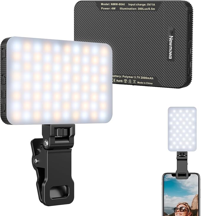 Newmowa Clip Selfie Light for Phone with Smart Light Sensor 2000mAh Black | Rechargeable, Portable video light, for Laptop and Camera, 3 Modes, Phone light for Selfie, Makeup, Video Conference, TikTok by Newmowa