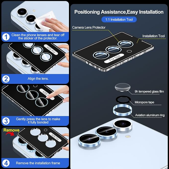 for Samsung Galaxy S24 Camera Lens Protector, Individual Metal Ring Tempered Glass Lens Cover, [Strong Adsorption] Scratch Resistant Ultra-Thin HD Clear Lens Cover, 1 Set-Blue Ring - Image 6