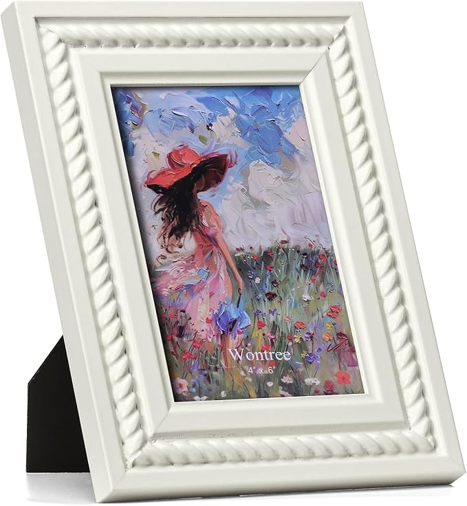 4x6 Picture Frame in Gray with Classic Rope Trim, Solid Wood with Real Glass, Vertical and Horizontal Desk Tabletop or Wall Hanging by Wontree