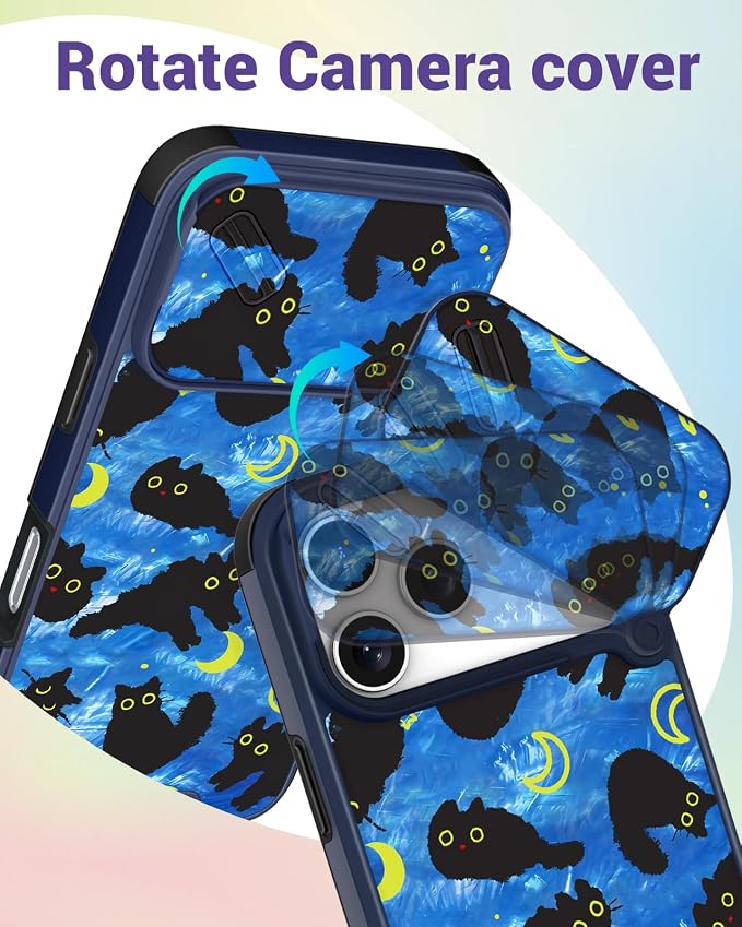 Buleens for iPhone 17 Pro Case 6.3 Inch - with Ring Stand & Camera Cover Aesthetic Cute Designed for Women Girls Girly Kawaii Blue Cat Stars Phone Case for iPhone 17 Pro Compatible with Magsafe - Image 3