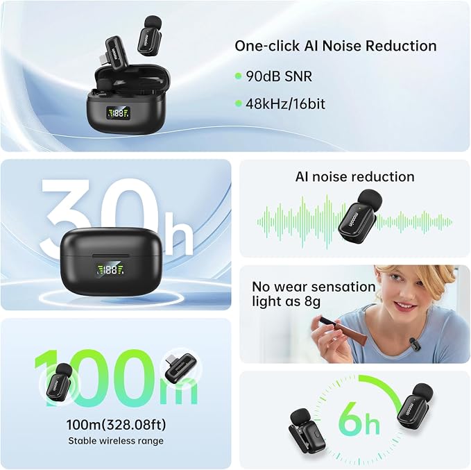 Wireless Microphone for Video Recording - Noise-Cancelling mini Microphone,Portable Microphone,Suitable for Mobile Phone Lapel Microphone Wireless for YouTube, TikTok Live Streaming, blogs - Image 2