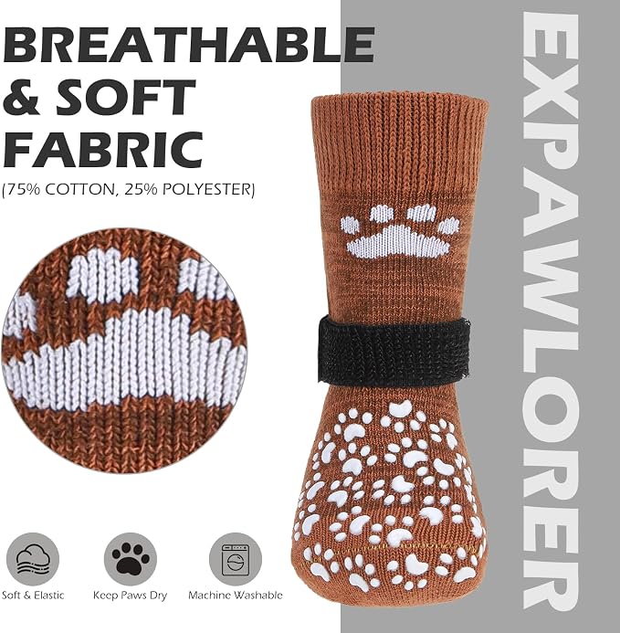 EXPAWLORER Anti Slip Dog Socks to Prevent Licking Paws, Dog Shoes for Hot Pavement, Dog Booties for Small Medium Large Senior Dogs, Traction Control Boots & Paw Protectors for Hardwood Floors Caramel - Image 4