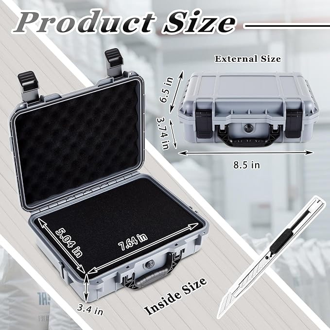 Relaxweex 1 Pcs Waterproof Hard Case with DIY Customizable Foam Insert Portable Protective Case with Knife for Camera Drones Equipments Tools Test Instruments(Gray,8.5 x 6.5 x 3.7 Inch) - Image 2