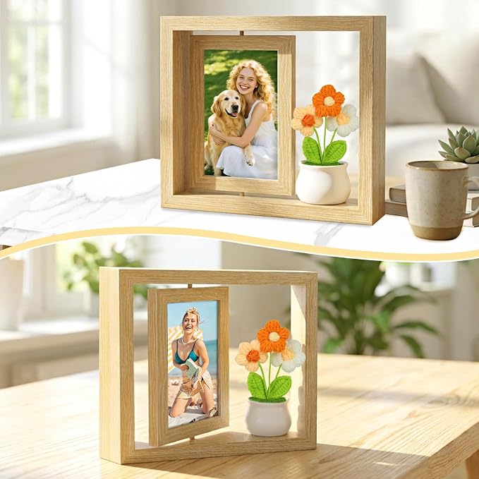 4x6 Rotating Picture Frame & Handmade Crochet Puff Flower, 4x6 Desktop Double-side Floating Photo Frame, Puff Daisy Cute Office Desk Decor for Women/ Appreciation Thank You Gifts for Girls Her - Image 3