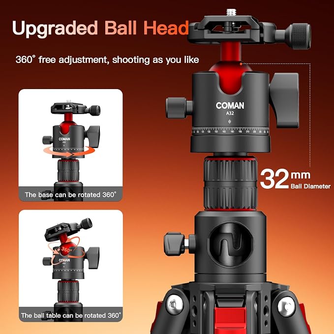 72" Overhead Tripod, Camera Tripod with Center Column and 360 Degree Ball Head, Detachable Monopod with Arca QR Plate, Horizontal Tripod for Camera, DSLR, Max Load 11 lbs - Image 2