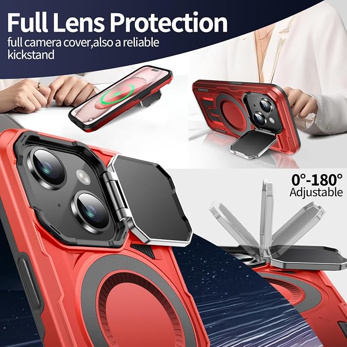 Camera Stand Case for iPhone 15, [Compatible with MagSafe] [Lens Cover] 2024 Version Military Grade Protective Soft Case for iPhone 15 6.1 inch Men Women, Red - Image 3