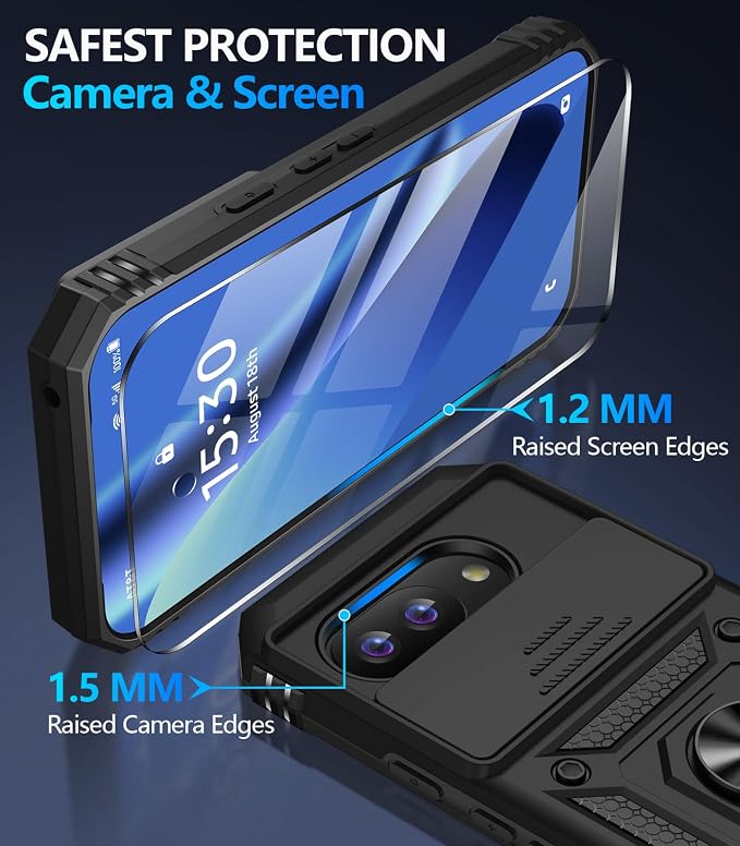 Taisairu for Google Pixel 10A Case with Screen Protector & Slide Camera Lens Cover,Built-in 360°Rotate Magnetic Ring Stand Shockproof Protective Phone Case for Google Pixel 10A Case (Black) - Image 7