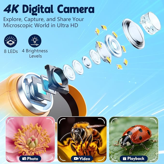 Odatay 4K 1000X Digital Microscope for Kids with 32G Card, Long Distance Viewing & 2.4" Screen Portable Handheld Edu Toys for Age 3-12 Exploring Bugs Plants at Home Classroom & Outdoor Travel, Yellow - Image 3