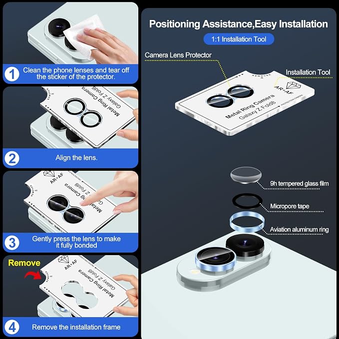 for Samsung Galaxy Z Fold 8 Camera Lens Protector, Individual Metal Ring Tempered Glass Lens Cover, [Strong Adsorption] Scratch Resistant Ultra-Thin HD Clear Lens Cover, 1 Set-Blue Ring - Image 7