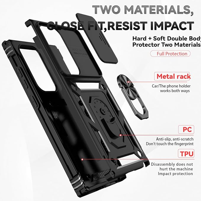 HNHYGETE for Samsung Galaxy S25 Ultra Case with Screen Protector: [Military Grade 20ft. Drop Tested] Slide Camera Cover Ring Shockproof Protective Phone Case for - Galaxy S25 Ultra (Black) - Image 5