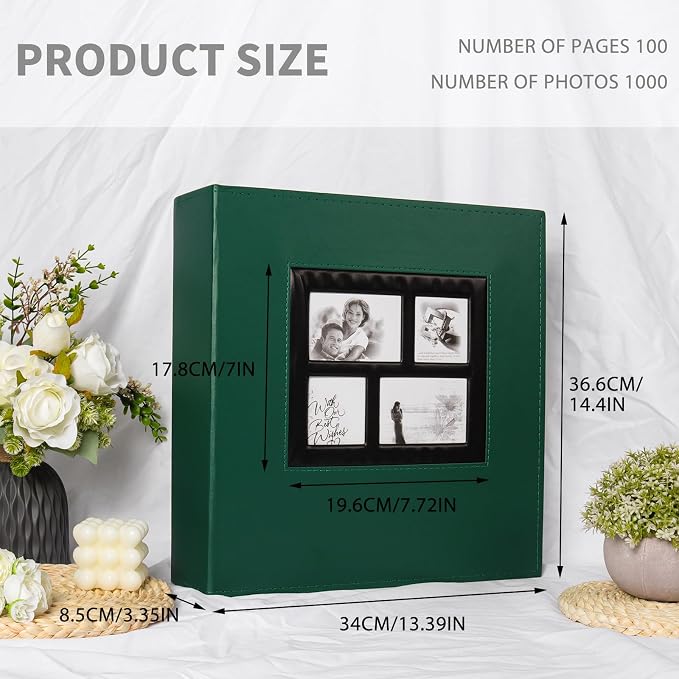 RECUTMS 1000 Photo Album 4x6 Pictures Leather Large Family Album Dark Green | Extra Large Capacity, Black Page, Horizontal and Vertical Pockets, Travel Wedding Christmas Photobook, DIY Cover Window - Image 2