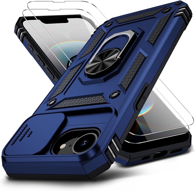 for iPhone 17e Case & iPhone 16e Case with 2X HD Screen Protector & Slide Camera Cover & Rotated Ring Kickstand, Rugged Heavy Duty Protective Phone Case for iPhone 17e/16e 6.1 inch, Blue by Muntinfe