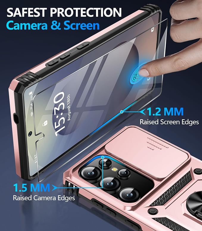 Taisairu for Samsung Galaxy S25 Ultra Case with Screen Protector & Slide Camera Lens Cover, Built-in Magnetic Ring Stand Shockproof Protective Phone Case for Samsung S25 Ultra Case (Rose Gold) - Image 7