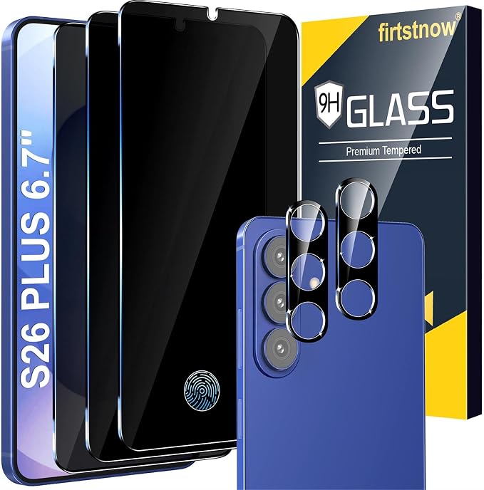 firtstnow 3 Pack Privacy Screen Protector for Samsung Galaxy S26 Plus Tempered Glass + 2 Pack Camera Lens Protector, True 25°Anti Spy, 9H+ Hardness, Fingerprint Unlock, Case Friendly Bubble-Free 6.7Inch by Unknown