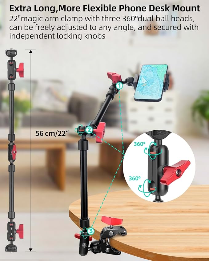 22" Magic Arm w Clamp Mount, Overhead Desk Phone Mount Stand, Adjustable Articulating Friction Camera Boom Arm w 1/4" Thread for Phone Video Light Webcam Action Camera Tripod Mic - Image 3