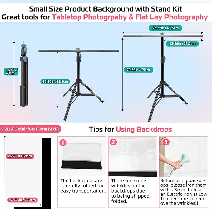 Product Photography Photo Backdrops Stand Kit, Photo Background, 26.8x50in White Black Backdrop Background with 26x29in Small T-Shape Backdrop Stand Tabletop Photo Shoot for Jewelry Cosmetics - Image 4