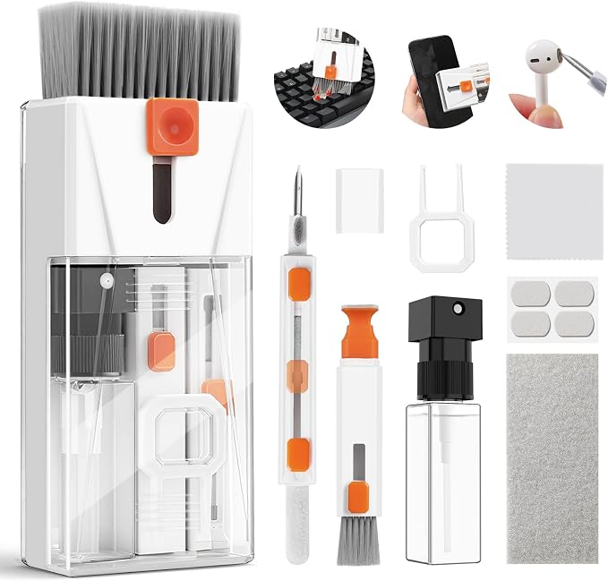 Keyboard Cleaner & Laptop Cleaning Kit, 15ml Spray, All-in-1 for Computer | Retractable Brush, Microfiber & Polishing Cloth, Keycap Puller, 3-in-1 Earbuds & Lens Pen, Safe for Airpod PC iPhone MacBook by CleaningAssistantforDevices