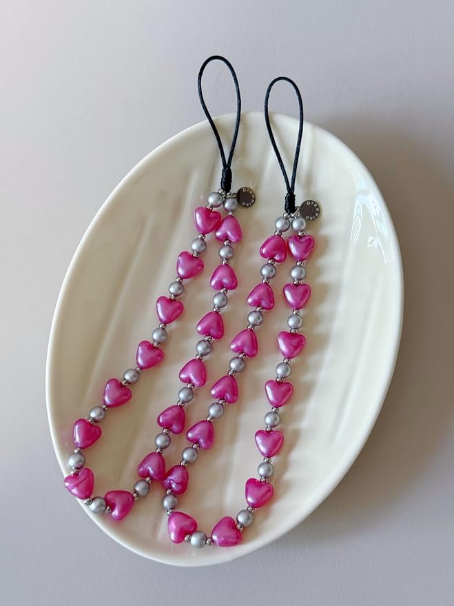 Drawwind Phone Charm Beaded Wristlet Strap Universal Cell Phone Lanyard Cute Bracelet Wrist Strap Beaded Chain String Handmade Accessories for Case Camera Bags (Hot Pink Hearts) - Image 5