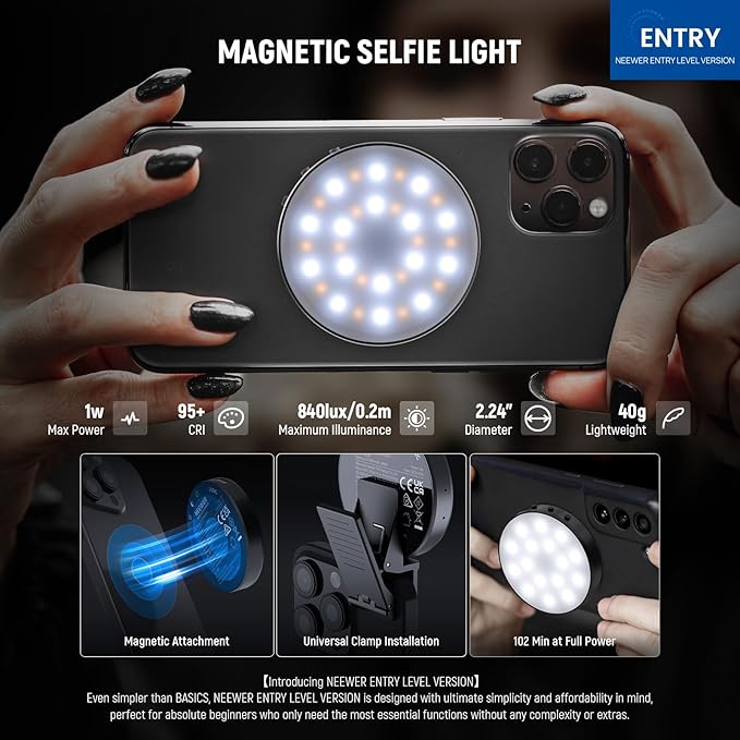 NEEWER Entry Level Version Magnetic Selfie Light Compatible with MagSafe iPhone, 1W Clip on Metal LED Phone Fill Ring Lighting for Laptop Video Conference Makeup Recording, CRI95+ 840lux/0.2m, NL32R - Image 2
