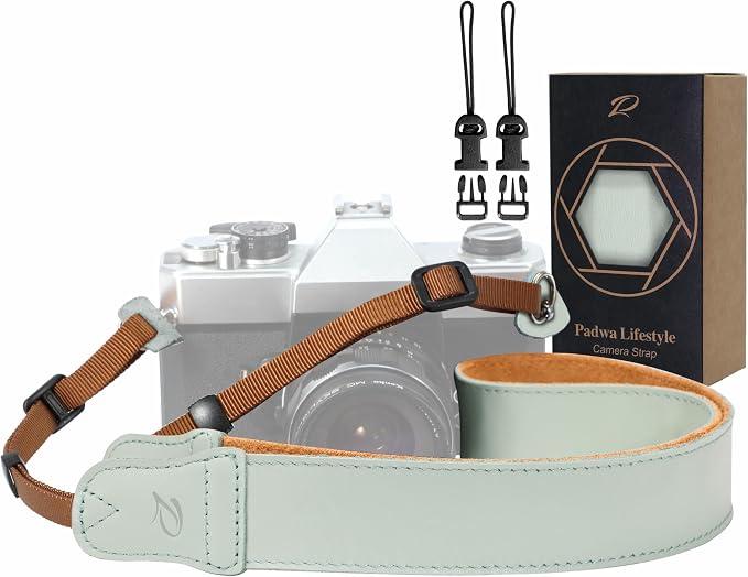 Padwa Lifestyle Mint Green Leather Camera Strap - 1.5" Soft Full Grain Cowhide Camera Straps for Photographers, Soft Suede Fabric Padded Leather Strap with Quick Release fits All Cameras by PadwaLifestyleCameraStrap