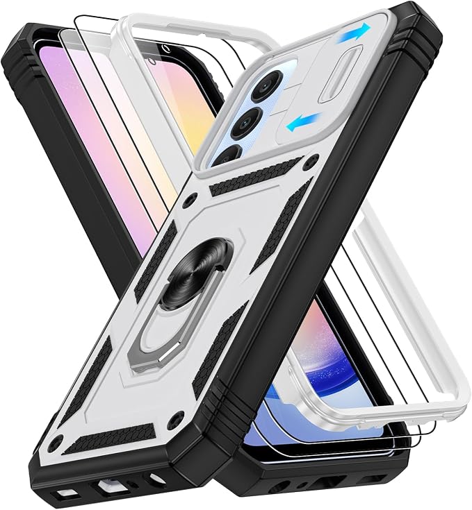 Fit for Samsung Galaxy A25 5G Phone Case with 2PCS Screen Protector, Build in 360° Rotating Ring Kickstand, Military Grade Protective Case for Samsung A25 Case Phone, White+Black by Gritup