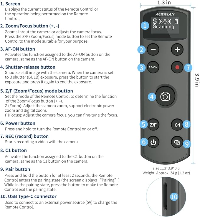 for Sony Camera Rechargeable Shutter Release Wireless Remote Control | Compatible with Sony ZV-E10,ZV-1F,ZV-1,A6400,A6700,A7C,A7III,A9,A9 II,DSC-RX0 II,Replace RMT-P1BT(Black) - Image 7
