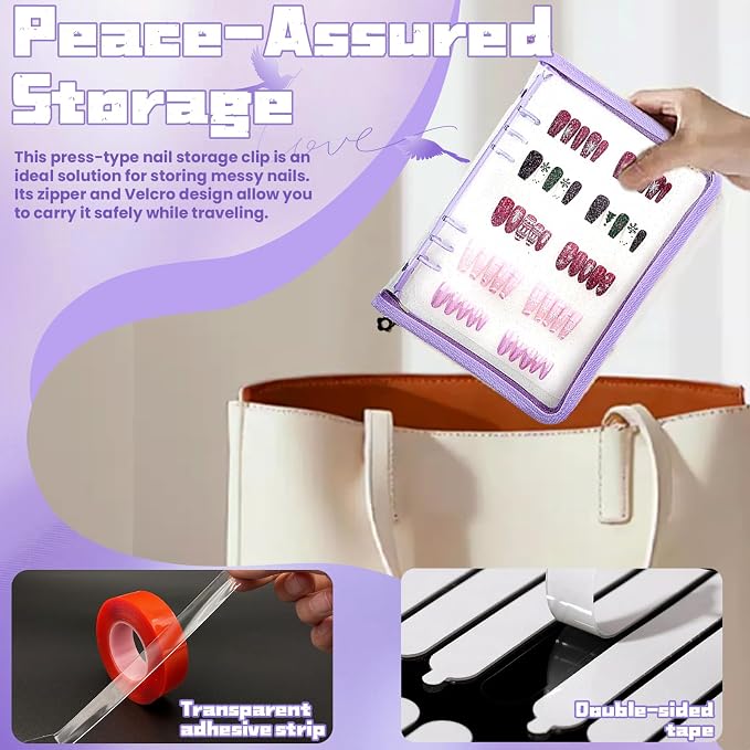 Press on nail storage Nail Storage Book - Portable Versatile Organizer for Press - On Nails, Jewelry and More with 90 Pcs Adhesive Double Sided Tape Purple - Image 6