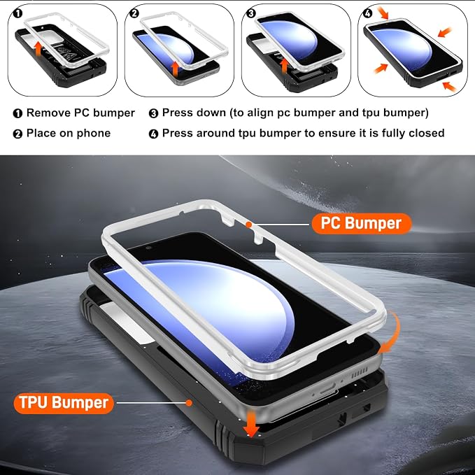 Gritup for Samsung Galaxy S23 FE Case with 2PCS Screen Protector, Build in 360° Rotating Ring Kickstand, Military Grade Protective Case for S23 FE Phone, White+Black - Image 4