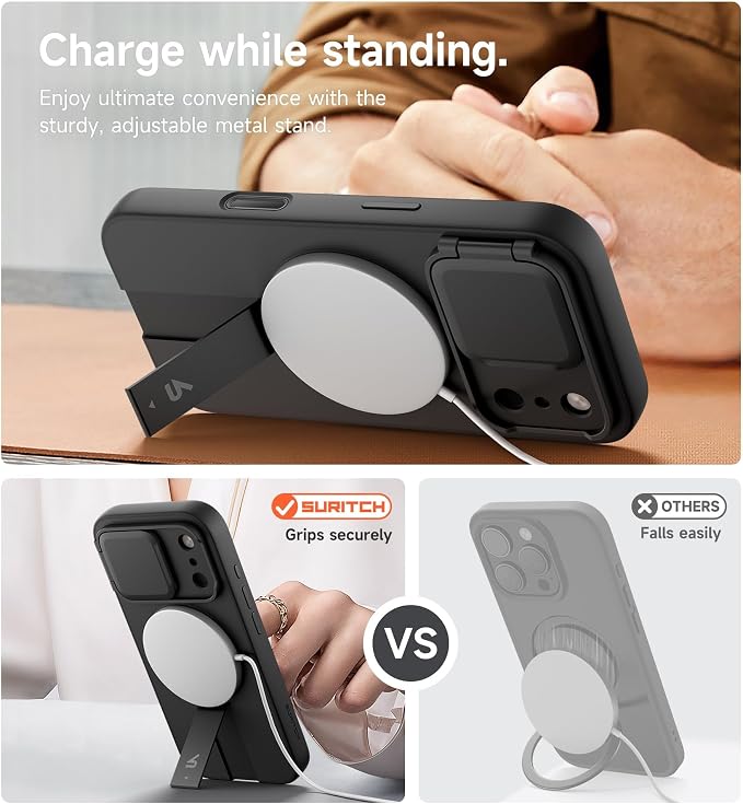 SURITCH for iPhone 17 Pro Case with Camera Control Cover, Camera Cover and Adjustable Kickstand, Compatible with MagSafe, Shockproof Bumper Protective Cases 6.3 Inch, Black - Image 5