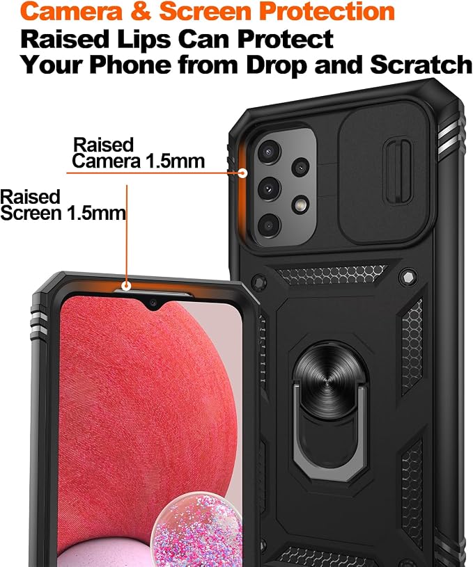 Gritup for Samsung Galaxy A13 4G Case with 2PCS Screen Protector, Build in 360° Rotating Ring Kickstand, Military Grade Protective Cover for A13 4G Phone, Black - Image 5