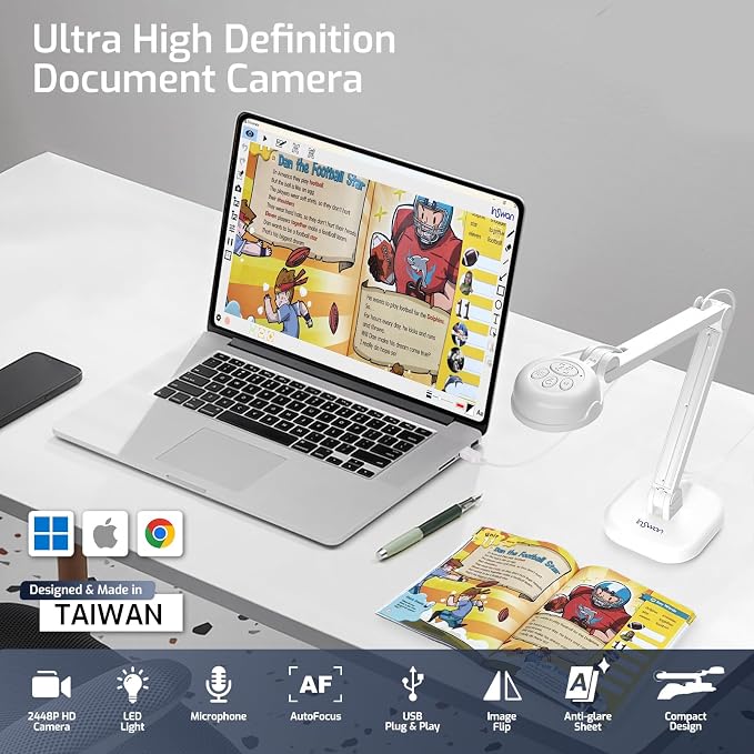 INS-1 Classic USB Document Camera/Webcam, 8MP, Built-in LED, Mic | Auto Focus, Plug & Play, Compatible with Windows / Mac / Chromebook for Distance Learning, Live Demo, Online Teaching, White - Image 6