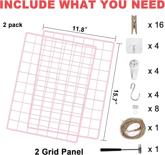 C&AHOME Photo Wall Display Set of 2, Wall Grid Panel, 15.7" x 11.8", Pink | Photo Display Shelves, Wall Storagae Organizer, Hooks, Clips, Hemp Cord, Hammer - Image 4