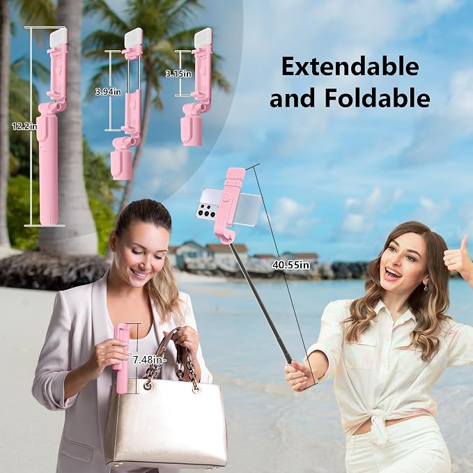 Selfie Stick Tripod, 40in Retractable Phone Tripod with Wireless Remote Control & Light, Portable Selfie Stick Tripod for Photograph, Video Recording, Compatible with All Cellphones (Pink) - Image 6