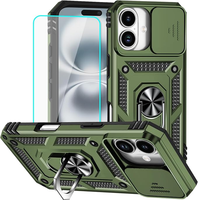 HNHYGETE for iPhone 16 Case with Screen Protector: [Military Grade 20ft. Drop Tested] Slide Camera Cover Ring Shockproof Protective Phone Case for - iPhone 16 (Army Green) by HNHYGETE