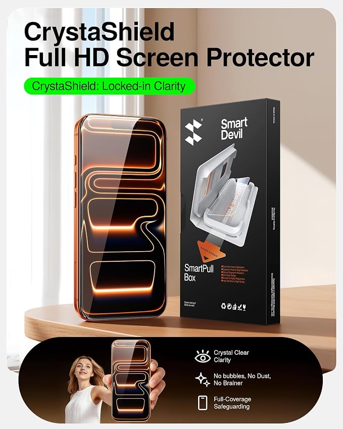 SMARTDEVIL 2 Pack Tempered Glass Screen Protector for iPhone 17 Pro | SmartPull Box Bubble-Free Instant Install Applicator, 9H Military-Grade Protection, Case-Friendly - Image 2