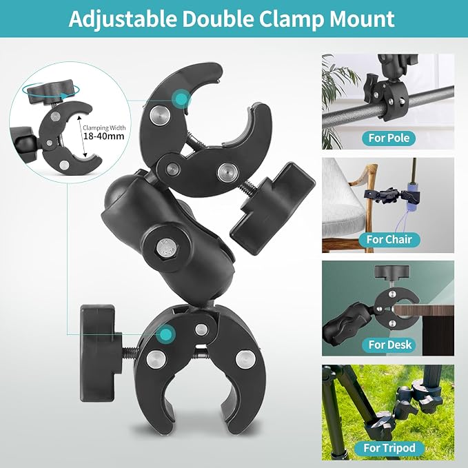 Double Clamp Mount Umbrella Chair Clamp with 360° Magic Arm, Umbrella Holder Clip for Chair Wheelchair Stroller Light Stand, Photography Reflector, Motorcycle, Live Scope Pole, Photo Boom Stand - Image 3