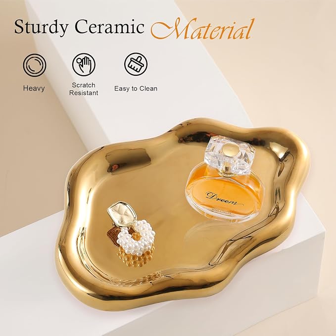 CCINPPY Ceramic Cloud Jewelry Tray Trinket Dish Key Bowl Nightstand Decor | Decorative Small Desk Tray Jewelry Plate Key Holder Bowl Cute Bedroom Room Decor Aesthetic, Gift for Women, Gold Large - Image 5