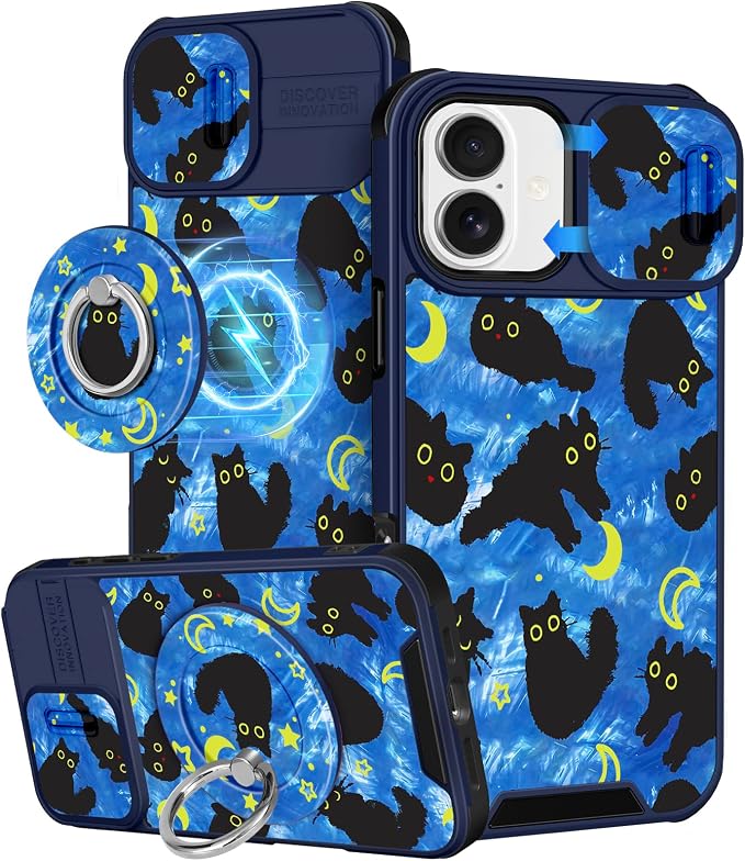Buleens for iPhone 17 Case 6.3 Inch - with Ring Stand & Camera Cover Aesthetic Cute Designed for Women Girls Girly Kawaii Blue Cat Stars Teen Phone Case for iPhone 17 Compatible with Magsafe by Buleens