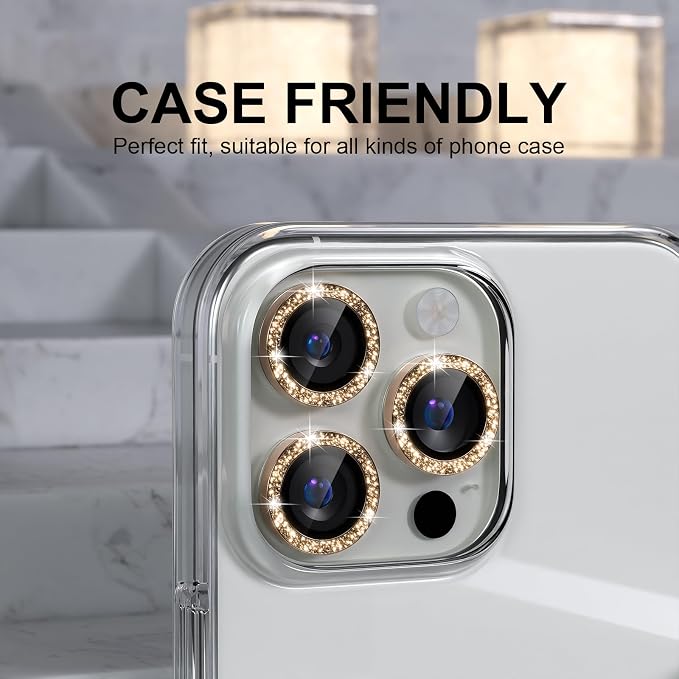 Choiche for iPhone 16 Pro/iPhone 16 Pro Max Camera Lens Protector | Ultra HD, Bling 9H Tempered Glass Camera Cover Screen Protector Metal Ring Decoration Accessories (Glitter-Gold) - Image 3