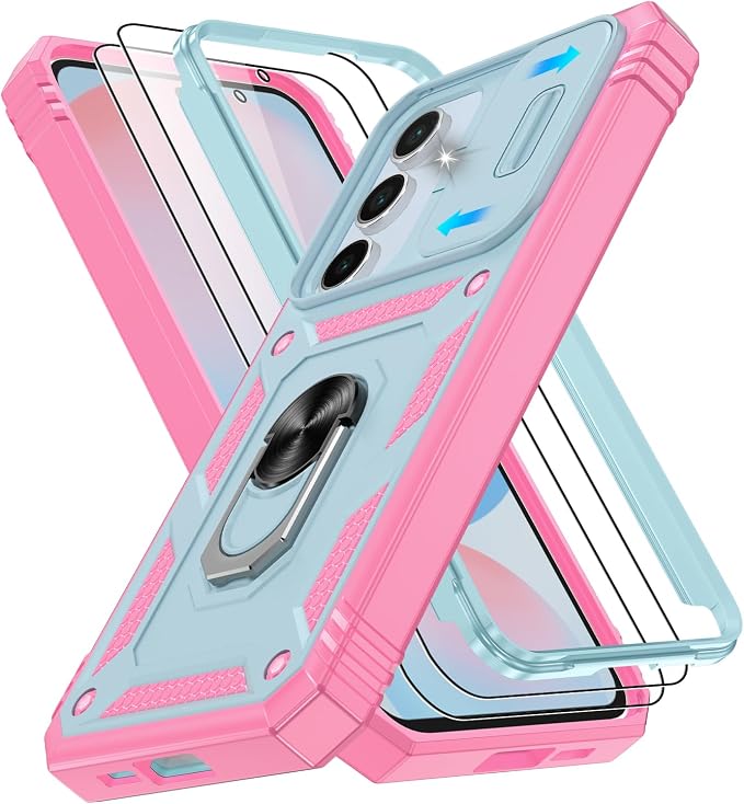 Gritup for Samsung S24 FE Phone Case: Phone Case S24 FE with 2*Screen Protector | Magnetic Stand & Slide Camera Cover | Shock Proof Military-Grade Funda para S24 FE Cover -Green+Pink by Gritup