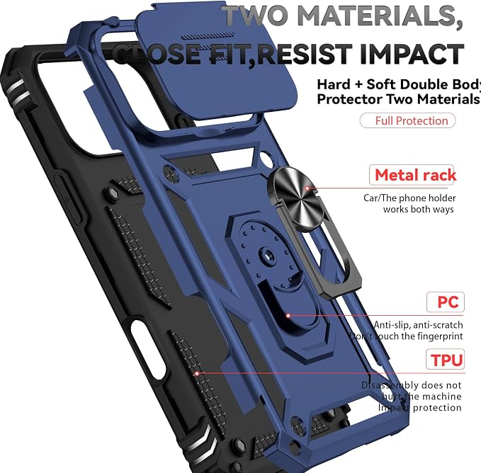 SunStory Phone Case for iPhone 17 Pro Max Case with HD Screen Protector & Slide Camera Cover & Rotated Ring Kickstand, [Military-Grade] Phone Case for iPhone 17 Pro Max, Blue - Image 8